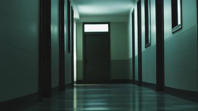 Empty, dark corridor with a closed door at the end, light filtering from an overhead window, reflecting on the polished floor, creating a sense of mystery and apprehension