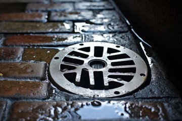 Rainwater puddling on a brick street with a metal drain collecting water