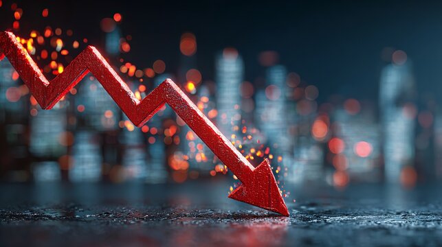 A red arrow pointing downward in a cityscape with a dark and blurry background