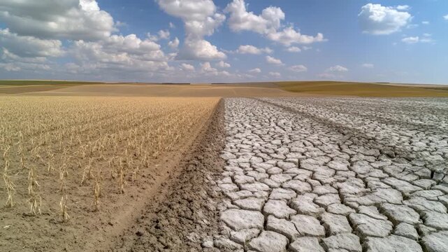 A contrasting landscape split by drought, with parched earth and a dying crop under a blue sky