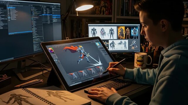 Young male digital artist drawing a fantasy character on a graphics tablet in a dark studio. Creative process from pencil sketch to final animation for a video game