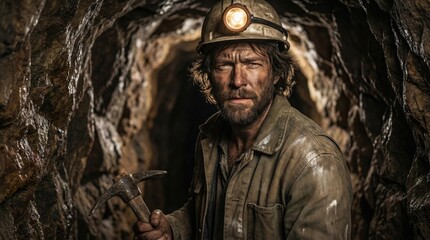 Obraz premium A rugged Caucasian man with a beard stands in a dimly lit mine tunnel. He wears a miner's helmet with a light and holds a pickaxe. The walls are rocky and damp.