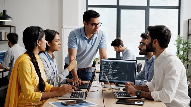 Software Developers Collaborating in Office - A team of software developers is working together at a desk in a modern office. They are looking at code on their laptops and discussing the project.