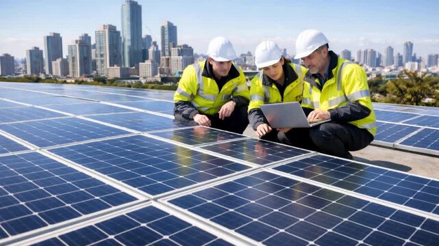 Technician engineers service meeting and checking solar cell on rooftop of industrial factory. 