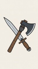 Obraz premium Crossed antique hand weapons featuring a sharp blade and a bearded axe illustration