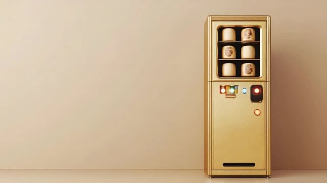 A gold vending machine against a beige background, with lit buttons and visible product, modern, minimal