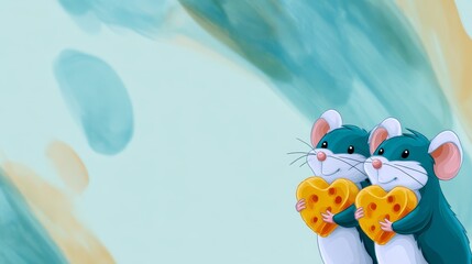 Naklejka premium Two cartoon mice holding a heart-shaped cheese slice against a soft, abstract pastel background with blue and beige tones, ideal for children's themes or illustrations