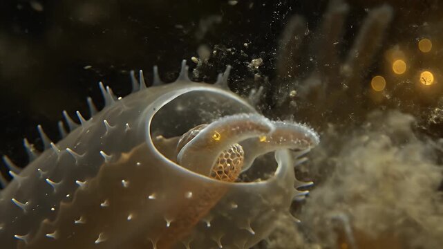 Macro shot of bioluminescent sea creature tentacles extending underwater