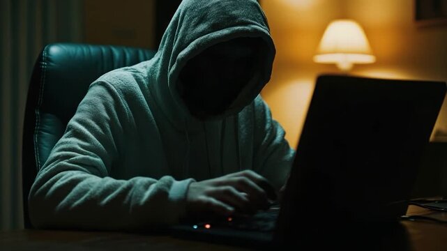 A hooded figure obscures their face while typing on a laptop, illuminated by a warm glow