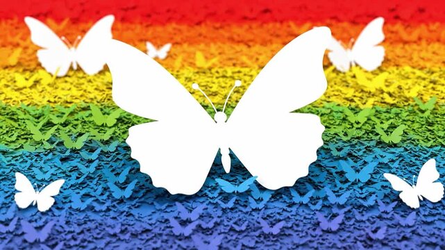 A stylized illustration of white butterflies on a vibrant rainbow-colored background with a textured pattern conveying awareness and zero discrimination.