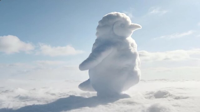 Snow penguin sculpture standing on a snowy plain with a clear sky, an arm raised, and finally looking sideways. Winter concept
