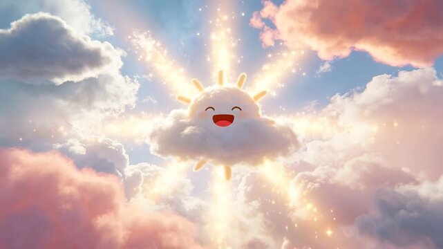 Happy cartoon sun emerging from cloud with sparkling rays in clear sky. Cheerful weather icon with changing facial expressions.