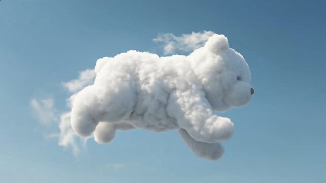 Cloud bear moving across blue sky. Dreamy animal shape formed by cloud in day. Animation for kids, fantasy concept.