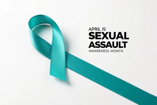Teal awareness ribbon prominently displayed alongside text declaring that april is sexual assault awareness month encouraging public support and education for survivors.