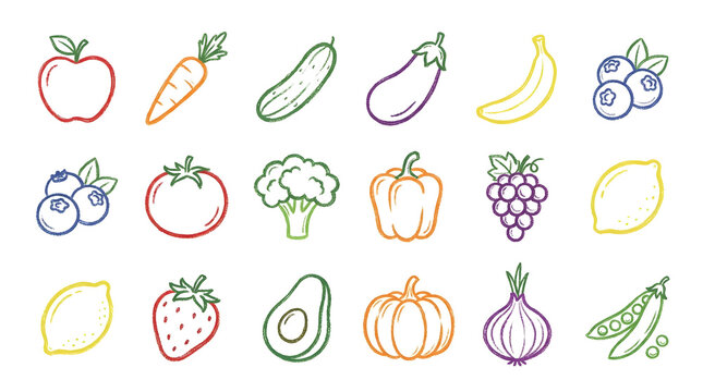 Set of Colorful Hand Drawn Chalk Fruit and Vegetable Icons Isolated on Transparent Background for Healthy Food and Menu Design PNG
