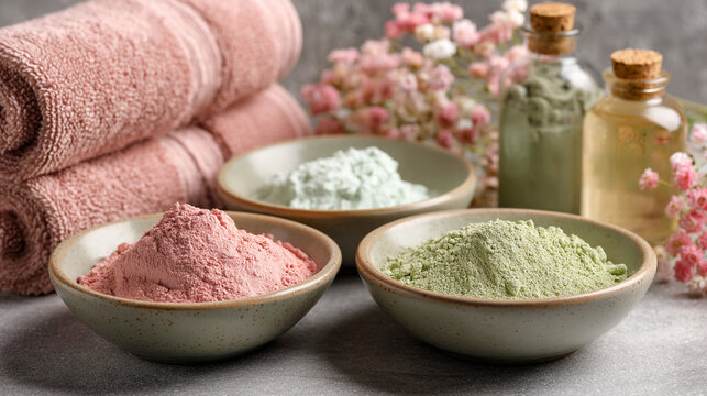 A serene spa setup featuring colorful powders and oils with pink towels and flowers nearby