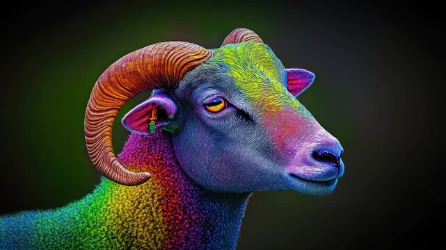 A psychedelic ram portrait showcasing vivid rainbow colors and expressive details against a dark backdrop