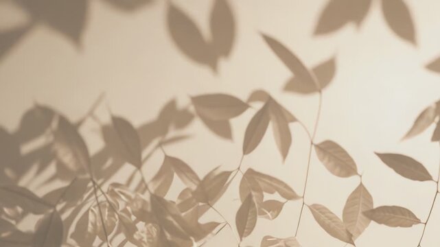 Tropic leaves casting soft, delicate shadows on a warm beige wall, creating a minimalist, natural backdrop with subtle texture and ample copy space for design and branding