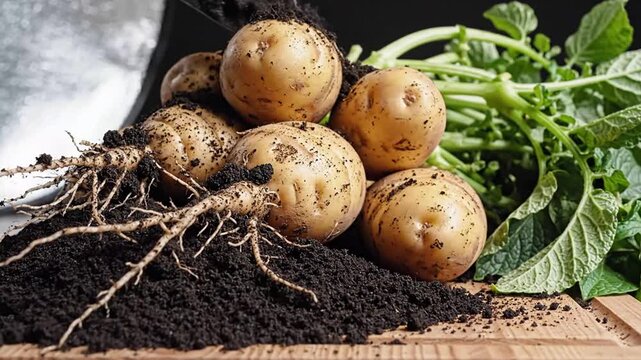 Bountiful Harvest of Fresh Potatoes with Roots and Soil on a Wooden Surface