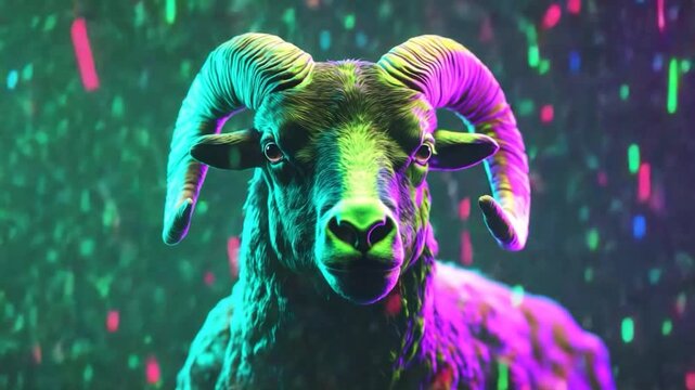 A ram with large horns and black fur is highlighted with vibrant neon green and purple hues