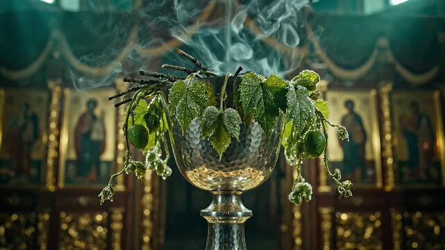 Holy Chalice with Grape Leaves and Incense Smoke in Orthodox Church