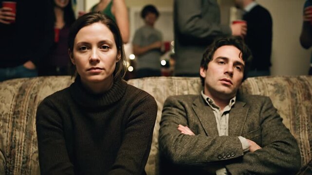 A woman and a man sitting apart on a sofa at a party, looking disengaged and sad, portraying relationship crisis and distance