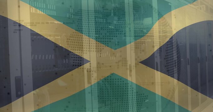 Animation of flag of jamaica, computer language and globe over data server systems in server room