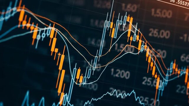 Close up of a financial trading chart with candlestick graphs and moving average lines. Economic data analysis for stock market investment, cryptocurrency, and forex exchange