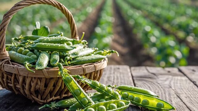 Fresh green peas harvested from farm basket on rustic wooden table with lush garden background