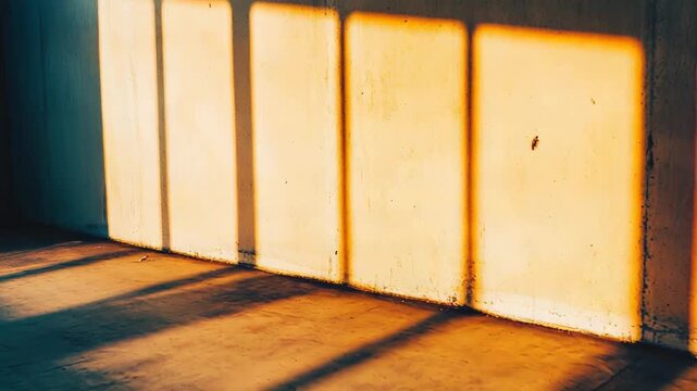 Strong morning sunlight creating abstract rectangular patterns and dramatic contrast on an empty room's concrete wall and floor, emphasizing light, shadow, and architectural design