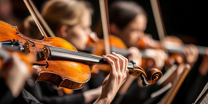 Symphony Orchestra Performing Beautiful Classical Music with Musicians Playing Violins on Stage