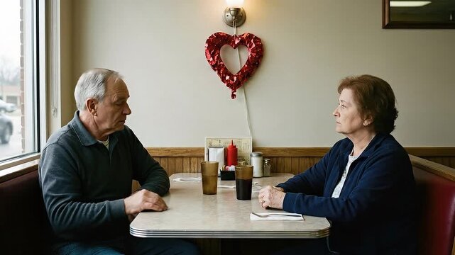 Senior man and woman sitting at diner table, avoiding eye contact, depicting a relationship crisis on Valentines Day