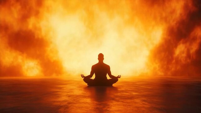 A silhouetted figure meditates against a fiery orange background, in lotus position