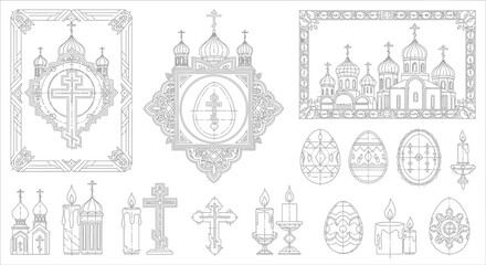 Orthodox church with crosses and candles in intricate line religious symbols domes © Stock Fire