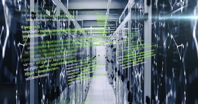 Animation of programming languages and illuminated connected dots moving on data server systems