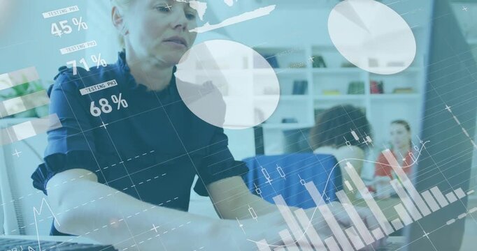 Animation of infographic interface over caucasian woman typing on keyboard of desktop in office