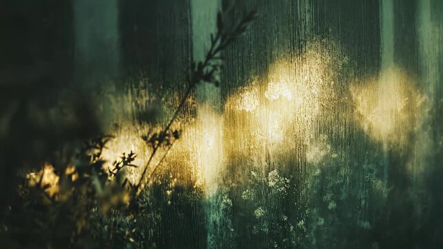 Green foliage and small white flowers growing in an outdoor garden, showing abstract texture and dramatic natural light with a yellow green hue, creating a mysterious vibrant atmosphere