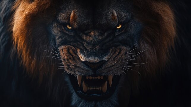 A majestic lion stares intensely, lit with an eerie glow, showcasing teeth and imposing mane