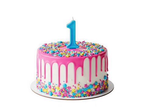 Colorful birthday cake with number one candle transparent background