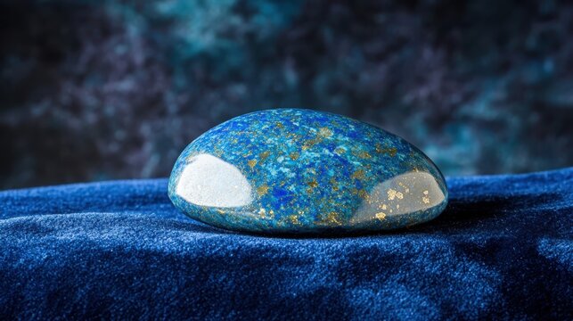 A smooth polished lapis lazuli stone with golden flecks of pyrite resting on blue velvet