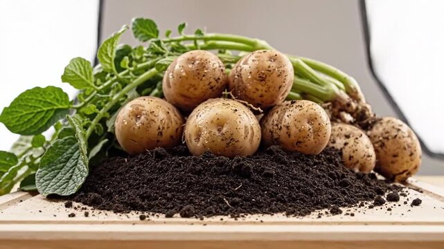 Freshly harvested potatoes with green leaves and rich dark soil in a series of close-up shots capturing their earthy beauty and