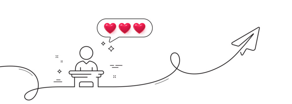 Election candidate line icon. Continuous line with share plane. Public voting sign. Politics campaign symbol. Hearts rate review in speech bubble. Election candidate single line ribbon. Vector