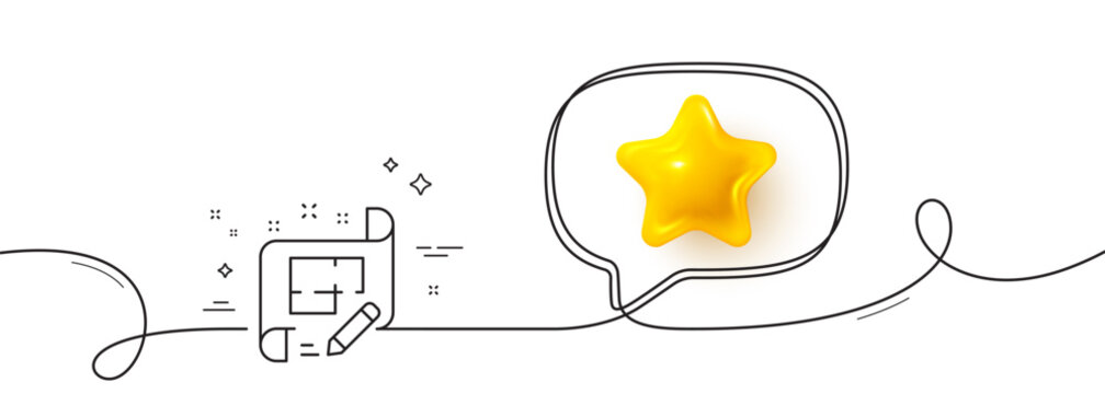 Architect line icon. Continuous line with 3d star. Engineering plan sign. Edit project document. 3d star in speech bubble. Architect plan single line ribbon. Loop curve pattern. Vector