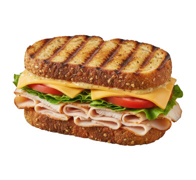 Grilled turkey and cheese sandwich with lettuce and tomato on multigrain bread