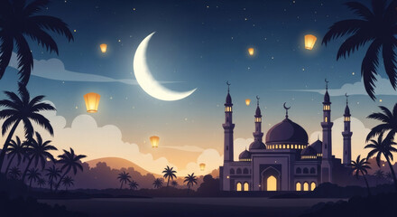 Serene night landscape with a beautifully illuminated mosque under a crescent moon, featuring glowing lanterns floating gracefully among silhouetted palm trees, creating a tranquil atmosphere
