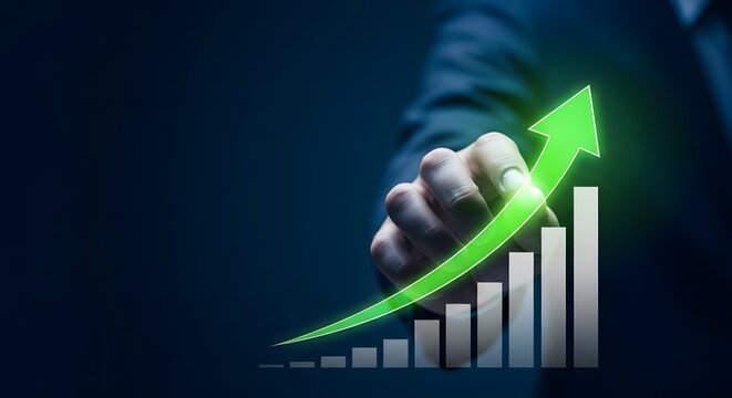 A hand pointing to a rising green arrow on a bar graph