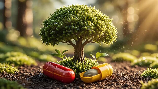 Natural Medicine Concept - This video shows a small tree growing from the soil with two capsules, one red and one yellow, on either side.
