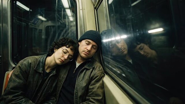 Loving Caucasian woman leans on a Caucasian man sleeping on a metro train, showing commuting and travel relaxation