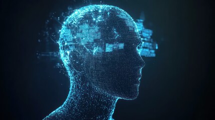 Fototapeta premium Digital profile of a human head rendered in glowing blue particles, suggesting AI or technology
