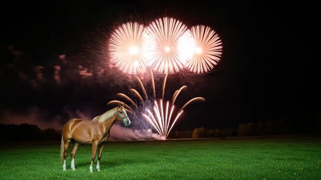 A majestic palomino horse standing in a green meadow watching a vibrant fireworks display. Composite image showing the sequence of a pyrotechnic show for a holiday celebration